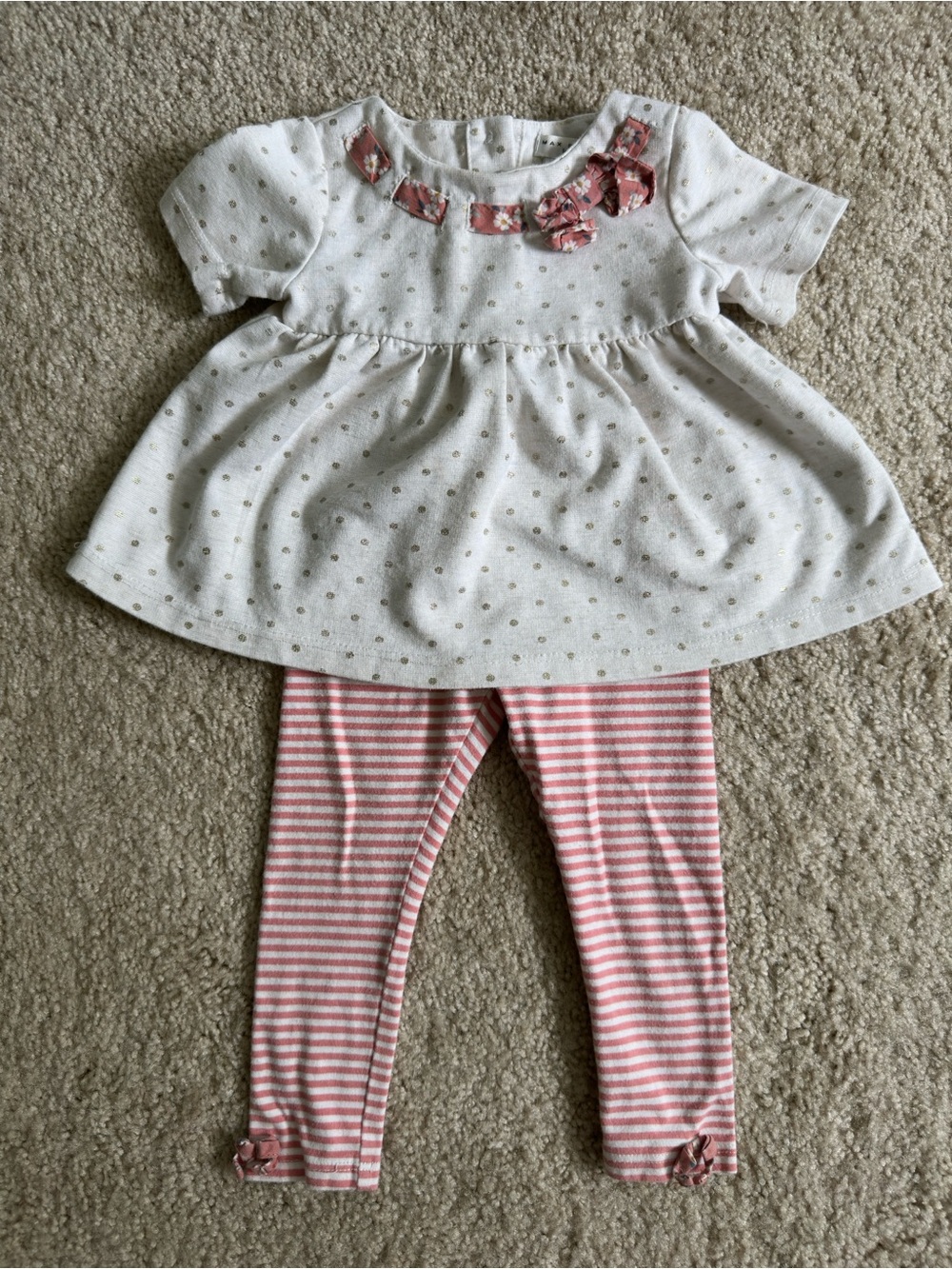 Max Studio Cream Top with Pink Polka Dots & Pink Striped Leggings